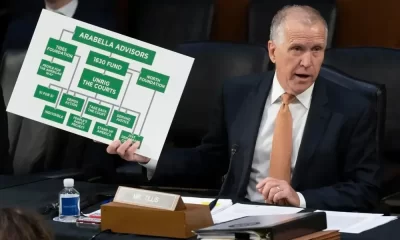 Sen. Thom Tillis, R-N.C., holds a visual aid as he questions Supreme Court nominee Ketanji Brown Jackson during her Senate Judiciary Committee confirmation hearing on Capitol Hill in Washington, Wednesday, March 23, 2022. Alex Brandon - staff, AP