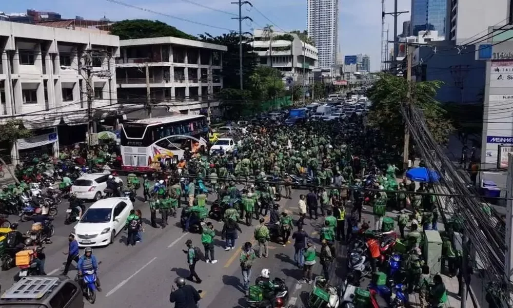 A Protest by Dozens of Grab Delivery Drivers in Bangkok to Demand Better Treatment