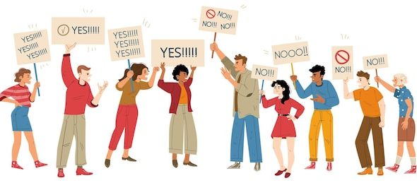 Free vector opposite teams of activists with yes or no banners