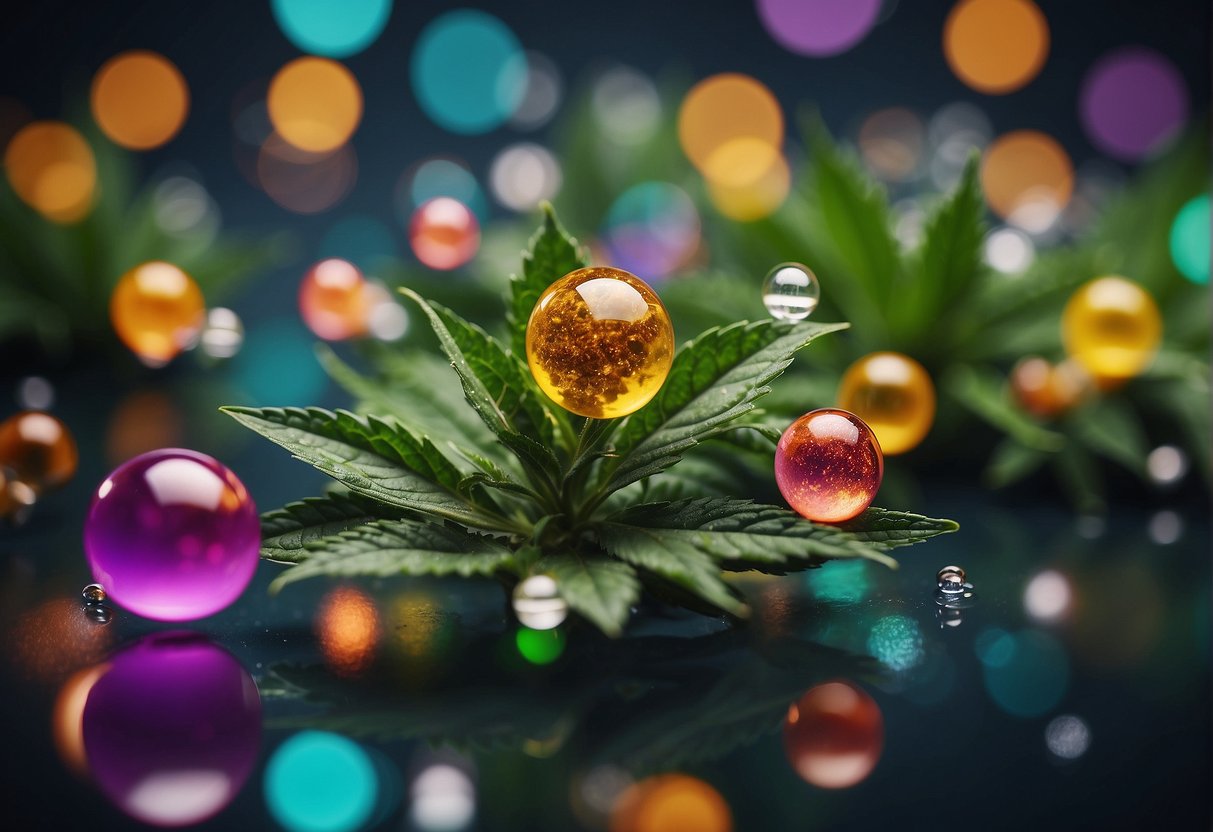 A colorful array of various cannabinoid molecules floating in a scientific background, with THC and CBD highlighted among them