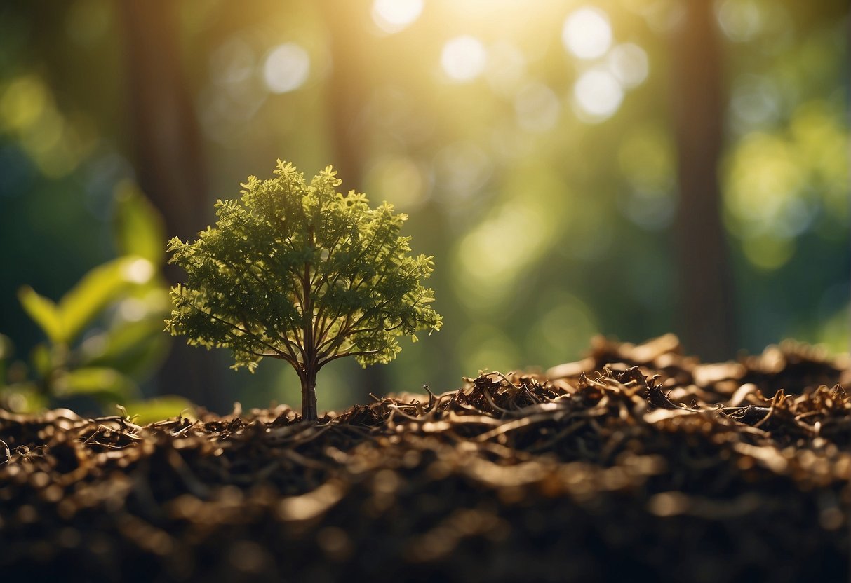 A tree being sustainably harvested, then processed into raw materials, and finally transformed into a biodegradable product