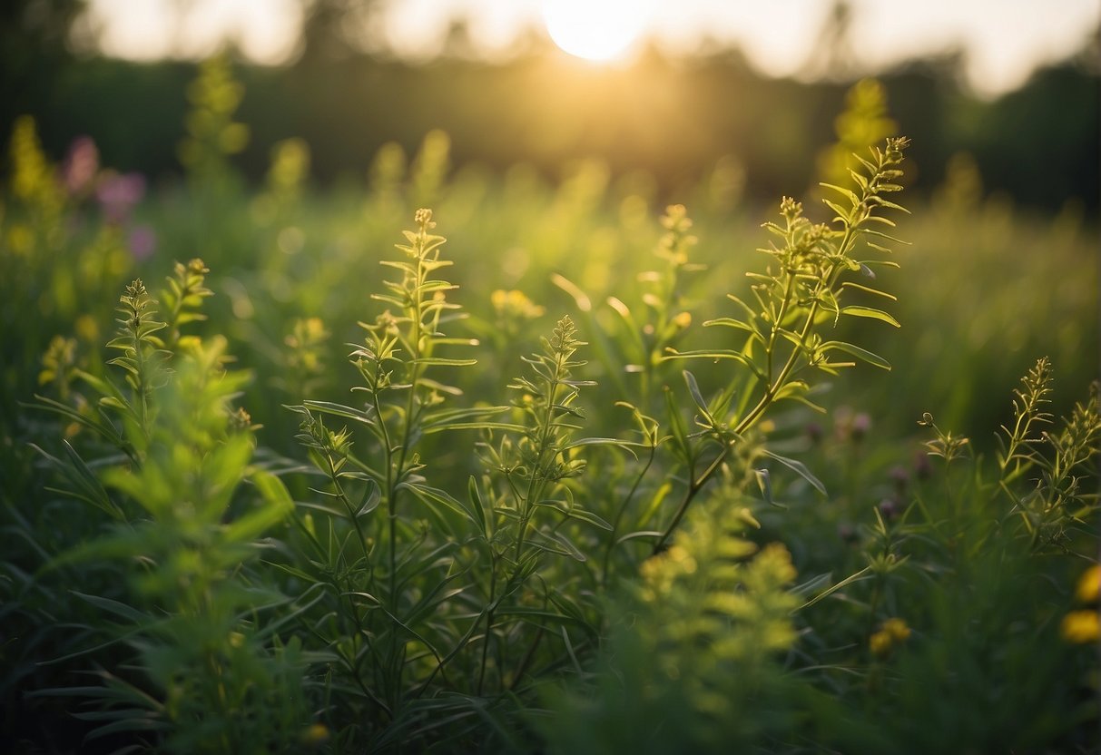 Lush green herbs and plants sprawl across a vibrant landscape, with the sun casting a warm glow on the natural surroundings. Wildflowers and foliage create a serene and peaceful atmosphere, inviting exploration and discovery