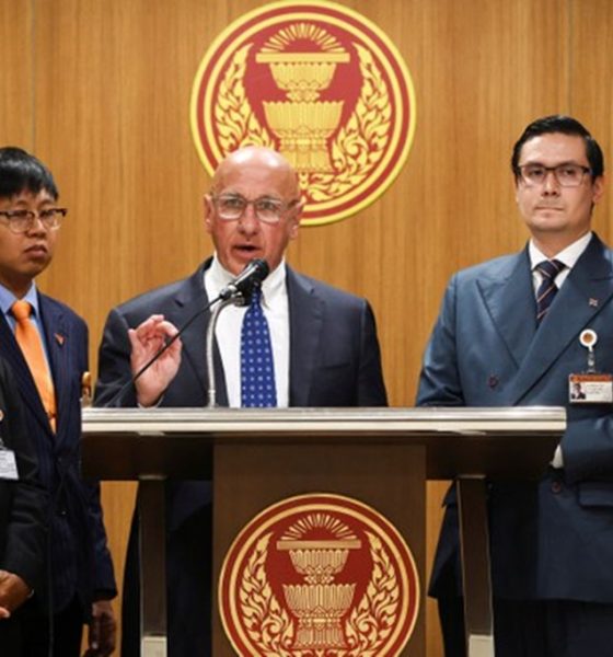 UN Special Rapporteur on human rights in Myanmar Tom Andrews speaks during a press conference after a meeting with Thailand's Parliamentary Committee